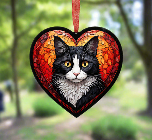 Black & White Cat Stained Glass Effect Heart Suncatcher
